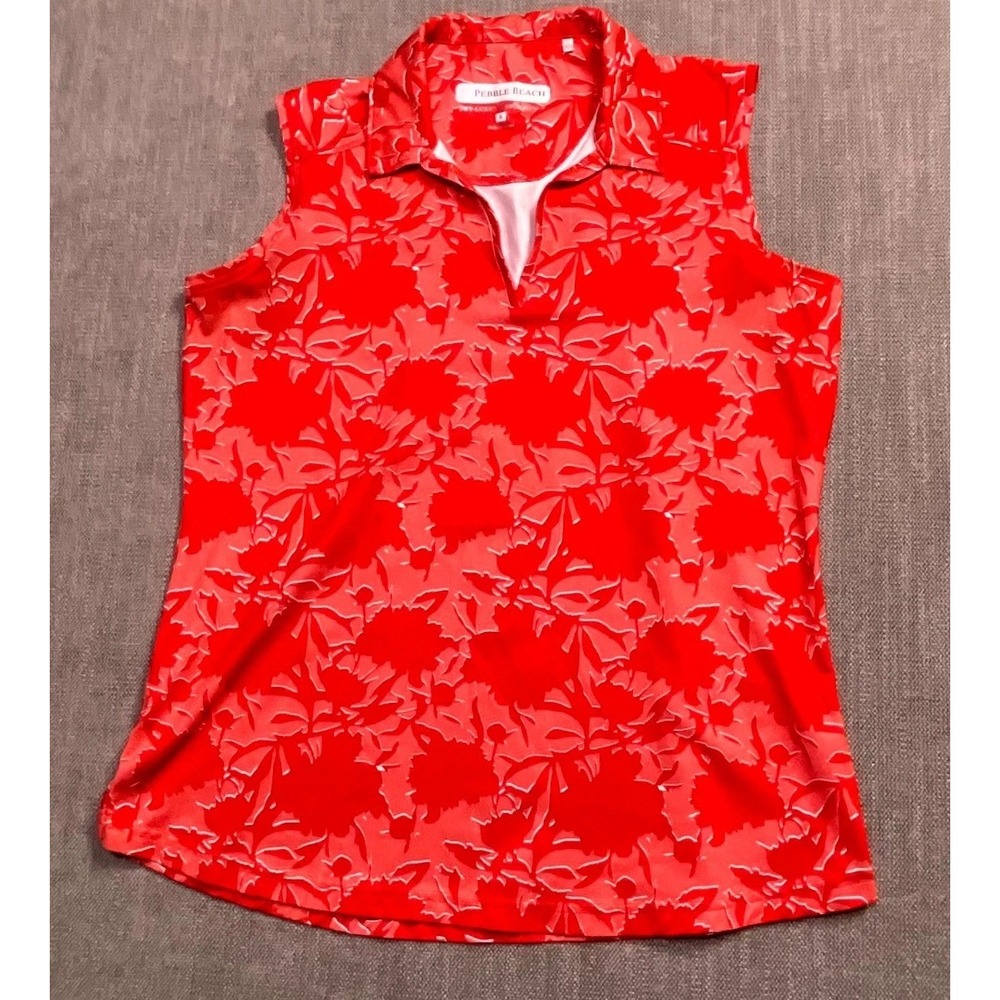 Pebble Beach Dry Luxe Performance Tank Top Womens Small Red Tropical Print